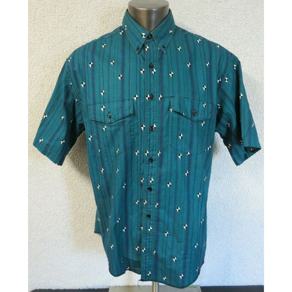 Mens Wrangler Western Shirt Geometric Size 17.5 Vintage Green Blue X-Long Tails‎